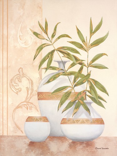 David Sedalia, Sheer Elegance II (Stillleben, Eleganz, edel, Töpfe, Vase, Palmblätter, Wohnzimmer, Esszimmer, Treppenhaus, Wunschgröße, Pastell)