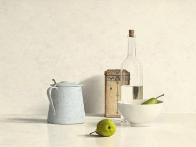 de Bont Willem, Two Pears, Bottle, Can and Jug (Malerei, Stillleben, Keramikschale, Emaillekanne, Birne, Dose, Flasche, Küche, Gastronomie, Esszimmer, realistisch, bunt)