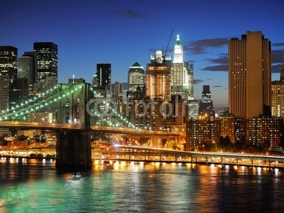 dell, New york Manhattan bridge after sunset (Wunschgröße, Photografie, Fotografie, Metropole, Stadt, New York, Fluss, Nachtszene, Skyline, Beleuchtung, Spiegelungen, Büro, bunt)