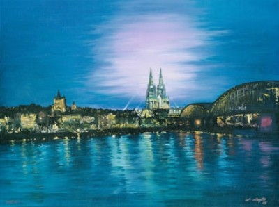 Alfred Derfla, Köln bei Nacht (Köln, Kölner Dom, Kirche, Rhein, Fluss, Brücke, Rheinbrücke, Abendszene, Reflexionen, Städte, Malerei, Wohnzimmer, Schlafzimmer, bunt)