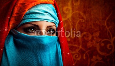 determined, Arabic woman (Wunschgröße, Photografie, Fotografie, Orient, figurativ, Frau, Araberin, Kopf, Schleier, Nahaufnahme, Schönheit, exotisch, Augen, Blick, Schlafzimmer, bunt)