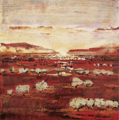 de Ribot Pere, Paisaje VI (Landschaft, Landschaftsmalerei, Ebene, Weite, Felder, Bäume, Horizont, moderne Malerei, Wohnzimmer, Schlafzimmer, rot/braun)