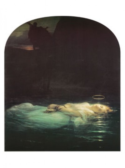 Hippolyte Paul Delaroche, The Young Martyr, 1855 (Symbolismus, Frau, Märtyrerin, emotional, Martyrium, Tod, Mord, akademischer Realismus, Treppenhaus, Wohnzimmer, Klassiker, Malerei, bunt)