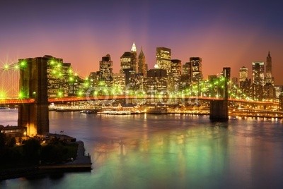 dell, Brooklyn bridge (Wunschgröße, Photografie, Fotografie, Metropole, Stadt, New York, Fluss, Nachtszene, Skyline, Beleuchtung, Spiegelungen, Büro, bunt)