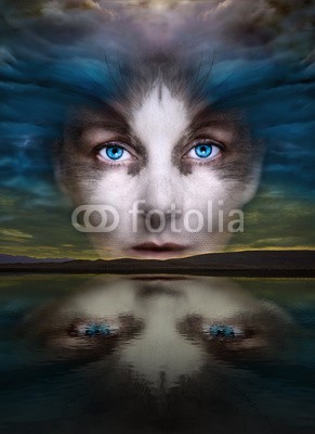 dflohr, mystic face (phantasie, grandios, phantasie, geheimnis, surreal, traum, spiegel, spiegelung, blick, gesicht, katze, kopf, frau, inhalation, gedanken, see, himmel, kreativ, mystisch, regeln, bunt, glaube, durchdringend, blau, auge, leuchten, märchen, magie, bewitche)