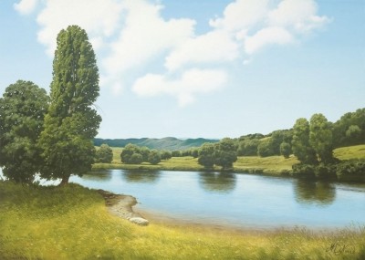 Marco Di Nieri, PAESAGGIO II (Landschaft, Landschaftsmalerei, Fluss, Bäume, Hügel, Idylle, Wohnzimmer, Treppenhaus, bunt)