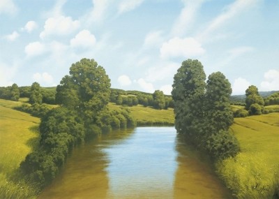 Marco Di Nieri, RIFLESSI (Landschaft, Landschaftsmalerei, Fluss, Bäume,Reflexionen, Spiegelungen, Idylle, Wohnzimmer, Treppenhaus, bunt)