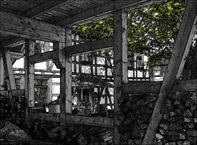 Dieter Quant, DQV27 (Schuppen, Fachwerk, Unterstand, Holz, Balken, Lager, Wohnzimmer, Treppenhaus,  Wunschgröße, Fotografie, schwarz/weiß/grün)