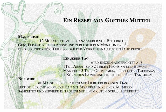 Dieter Quant, DQV33 (Rezept, Text, Goethes Mutter, Lebensphilosophie, Weisheit, Wunschgröße, Typologie, Küche, Treppenhaus)