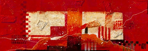 Dinie Nomden, Zt.200905 (red) (Abstrakt, modern, Muster, Formen, Streifen, roter Rand, Zeitgenössisch, Abstrakte Malerei, Business, Büro, Wohnzimmer, Wunschgröße, rot/bunt)
