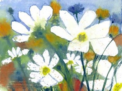 Dieter Hecht, Weisse Cosmea und Mohn (Kornblumen, Schmuckkörbchen, Blumen, Blüten, Sommerblumen, Perspektive, Malerei, Aquarell, Floral, Treppenhaus, Wohnzimmer, Esszimmer, blau/weiß)