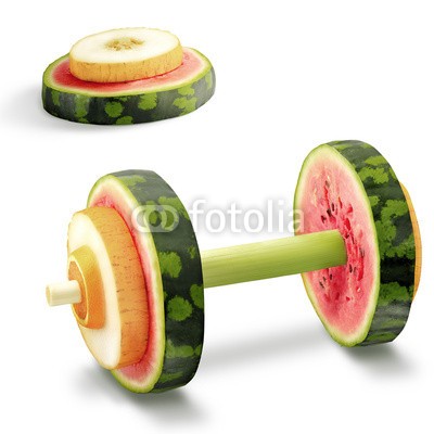 Dmitry Fisher, Fruits for sports. (Wunschgröße, Fotografie, Früchte, Sport, Montage, Gewichte aus Obst, Melonenscheiben, Gewichtheben, Fitness, Gesundheit, Vitamine, Ernährung, Sportstudio, Küche, Bistro, Gastronomie, bunt)