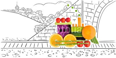 Dmitry Fisher, Fruity loco. (Wunschgröße, Fotokunst, Früchte, Gemüse, Eisenbahn, Lokomotive, Montage, Zeichnung, Reisen, Urlaub, Gesundheit, Vitamine, Ernährung, Aktivität,  Küche, Bistro, Gastronomie, bunt)