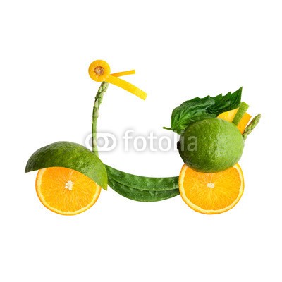 Dmitry Fisher, Fruity scooter. (Wunschgröße, Fotografie, Roller, Mobilität, Früchte, Gemüse, Freizeit, Montage, Fitness, Gesundheit, Vitamine, Ernährung, Aktivität, Sportstudio, Küche, Bistro, Gastronomie, bunt)