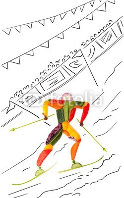 Dmitry Fisher, Fruity slalom. (Wunschgröße, Fotokunst, Skifahrer, Wintersport, Früchte, Gemüse, Sport, Montage, Slalom, Geschicklichkeit, Geschwindigkeit, Fitness, Gesundheit, Vitamine, Ernährung, Aktivität, Sportstudio, Küche, Bistro, Gastronomie, bunt)