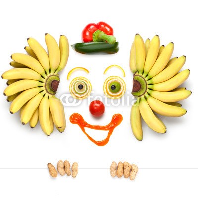 Dmitry Fisher, Make your thought done. (Wunschgröße, Fotografie, Früchte, Clown, Spaß, Montage, Clownsgesicht aus Obst, lustig, Gesundheit, Vitamine, Ernährung, Esszimmer, Küche, Bistro, Gastronomie, bunt)