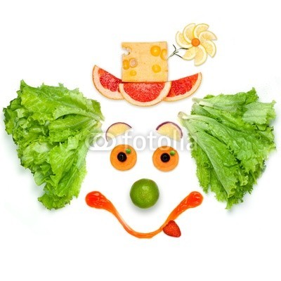 Dmitry Fisher, The friendly food the friendly mood. (Wunschgröße, Fotografie, Früchte, Gemüse, Clown, Spaß, Montage, Clownsgesicht, Salat, lustig, Gesundheit, Vitamine, Ernährung, Esszimmer, Küche, Bistro, Gastronomie, bunt)