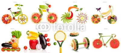 Dmitry Fisher, The taste of health. (Wunschgröße, Fotografie, Früchte, Sport, Montage, Sportgeräte aus Obst, Fitness, Gesundheit, Vitamine, Ernährung, Aktivität, Sportstudio, Küche, Bistro, Gastronomie, bunt)