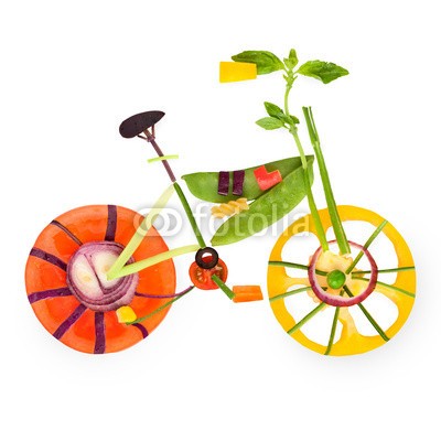 Dmitry Fisher, Fruity bicycle. (Wunschgröße, Fotografie, Früchte, Sport, Montage, Fahrrad aus Obst, Fitness, Gesundheit, Vitamine, Ernährung, Aktivität, Sportstudio, Küche, Bistro, Gastronomie, bunt)