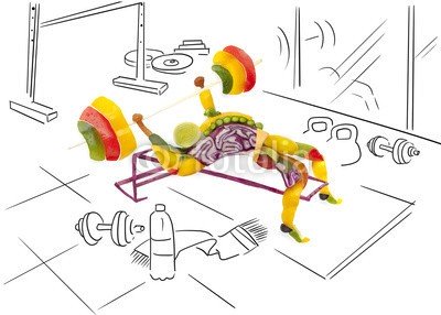 Dmitry Fisher, Lifting at the gym. (Wunschgröße, Fotokunst, Früchte, Gemüse, Sport, Montage, Gewichtheben, Kraftsport, Bodybuilding, Fitness, Gesundheit, Vitamine, Ernährung, Aktivität, Sportstudio, Küche, Bistro, Gastronomie, bunt)