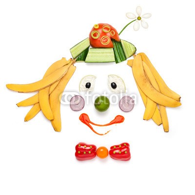 Dmitry Fisher, Smiling food. (Wunschgröße, Fotografie, Früchte, Gemüse, Clown, Spaß, Montage, Clownsgesicht, lustig, Gesundheit, Vitamine, Ernährung, Esszimmer, Küche, Bistro, Gastronomie, bunt)