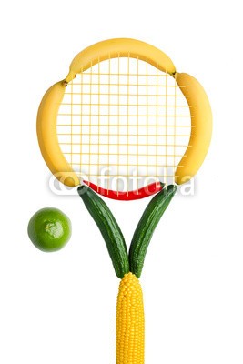 Dmitry Fisher, Veggie tennis federation. (Wunschgröße, Fotografie, Tennis, Tennisball, Tennisschläger, Früchte, Gemüse, Sport, Montage,  Fitness, Gesundheit, Vitamine, Ernährung, Aktivität, Sportstudio, Küche, Bistro, Gastronomie, bunt)