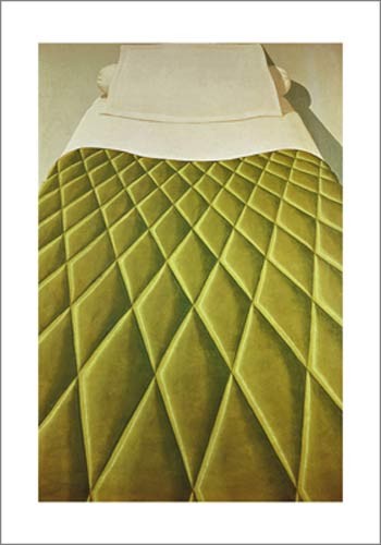 Domenico Gnoli, Green Bed Cover, 1969 (Klassische Moderne, Figuration, Bett, Bettdecke, Pespektive, Malerei, Wohnzimmer, grün)