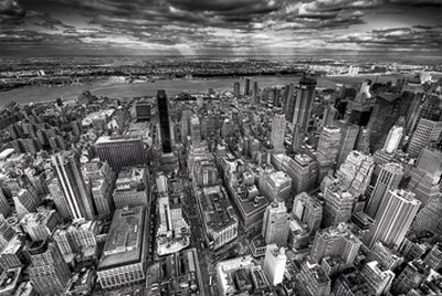 Dr. Michael Feldmann, Metropolis II (USA, Amerika, New York, Metropole, Luftbild, Panorama, Städte, Gebäude / Architektur, Hochhäuser, Skyline, Dämmerung Büro, Business, Wohnzimmer, Wunschgröße, Fotokunst, schwarz / weiß)