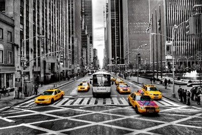 Dr. Michael Feldmann, Yellows (USA, Amerika, New York, Metropole, Städte, Gebäude / Architektur, Straße, Verkehr, Cabs, yellow cab, Taxi, gelbes Taxi, Büro, Business, Colourspot, Wohnzimmer, Wunschgröße, Fotokunst,  schwarz / weiß /gelb)