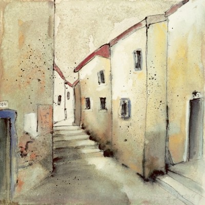 Ingeborg Dreyer, Vilagio I (Modern, Gebäude, Häuser, Dorf, modern, Treppe, Gasse, Italien, Treppenhaus, Wohnzimmer, Malerei, bunt)