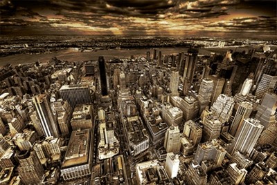 Dr. Michael Feldmann, Metropolis (USA, Amerika, New York, Metropole, Luftbild, Panorama, Städte, Gebäude / Architektur, Hochhäuser, Skyline, Dämmerung Büro, Business, Wohnzimmer, Wunschgröße, Fotokunst, sepia)