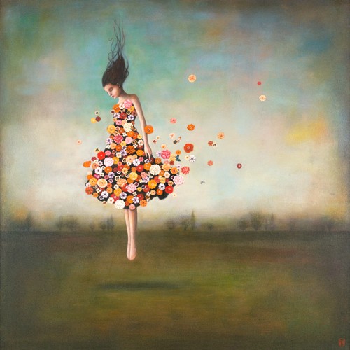 Duy Huynh, Boundlessness in Bloom (Traumwelt, Surreal, Frau, Schwebende, Leichtigkeit, Blumenkleid, diffuse Landschaft, Wohnzimmer, Jugendzimmer, Schlafzimmer, Treppenhaus, Wunschgröße, bunt)