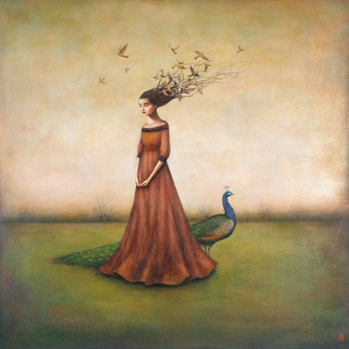 Duy Huynh, Empty Nest Invocation (Traumwelt, Surreal, Frau,  Surreal,Mädchen, Vogelnest, Haare, Vögel, Pfau, diffuse Landschaft, Wohnzimmer, Jugendzimmer, Schlafzimmer, Treppenhaus, bunt)