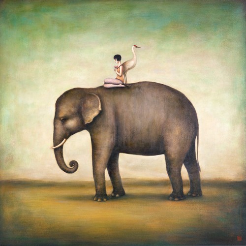 Duy Huynh, Eternal Companions (Surreal, Traumwelt, Elefant, Elenfantenreiter, Mädchen, Vogel, Gefährten, Ewigkeit, diffuse Landschaft, Wohnzimmer, Schlafzimmer, Treppenhaus, Wunschgröße,  bunt)