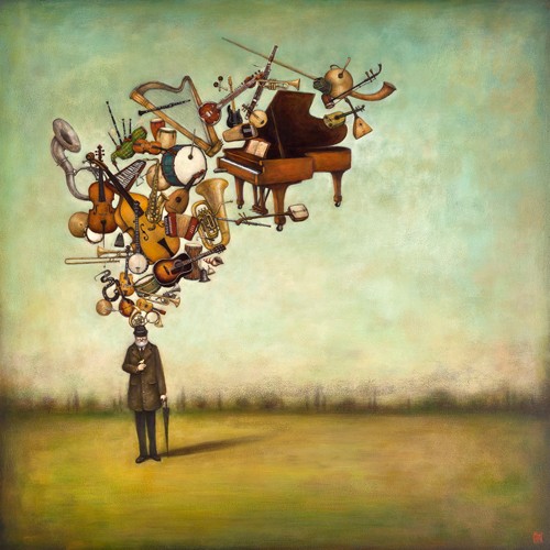 Duy Huynh, Thanks for the Melodies (Wunschgröße, Traumwelt, Surreal, Mann, Herr, schwebende Musikinstrumente, Melodien, diffuse Landschaft, Wohnzimmer, Musikzimmer, Treppenhaus,bunt)