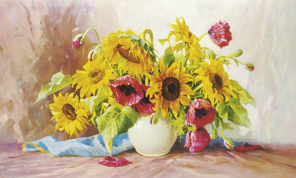 E. Krüger, POPPIES AND SUNFLOWERS (Sonnenblumen, Mohn, Blumenvase, Blumenstrauß, üppig, Sommer, Stillleben, Nostalgie, Malerei, Esszimmer, Wohnzimmer, bunt)