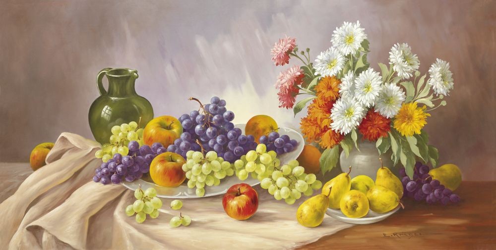 E. Krüger, FRUIT STILL LIFE (Blumen, Blüten, Blumensvase, Trauben, Weintrauben, Obstteller, Äpfel, Krug, Herbst, Tisch, Stillleben, Nostalgie, Malerei, Esszimmer, Wohnzimmer,  bunt)