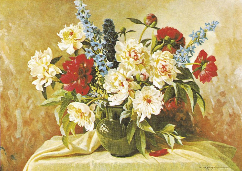 E. Krüger, PEONIES AND LARKSPUR (Pfingstrosen, Rittersporn, Blumenbouquet, Blüten, Blumensvase, üppig, Stillleben, Nostalgie, Malerei, Esszimmer, Wohnzimmer, bunt)