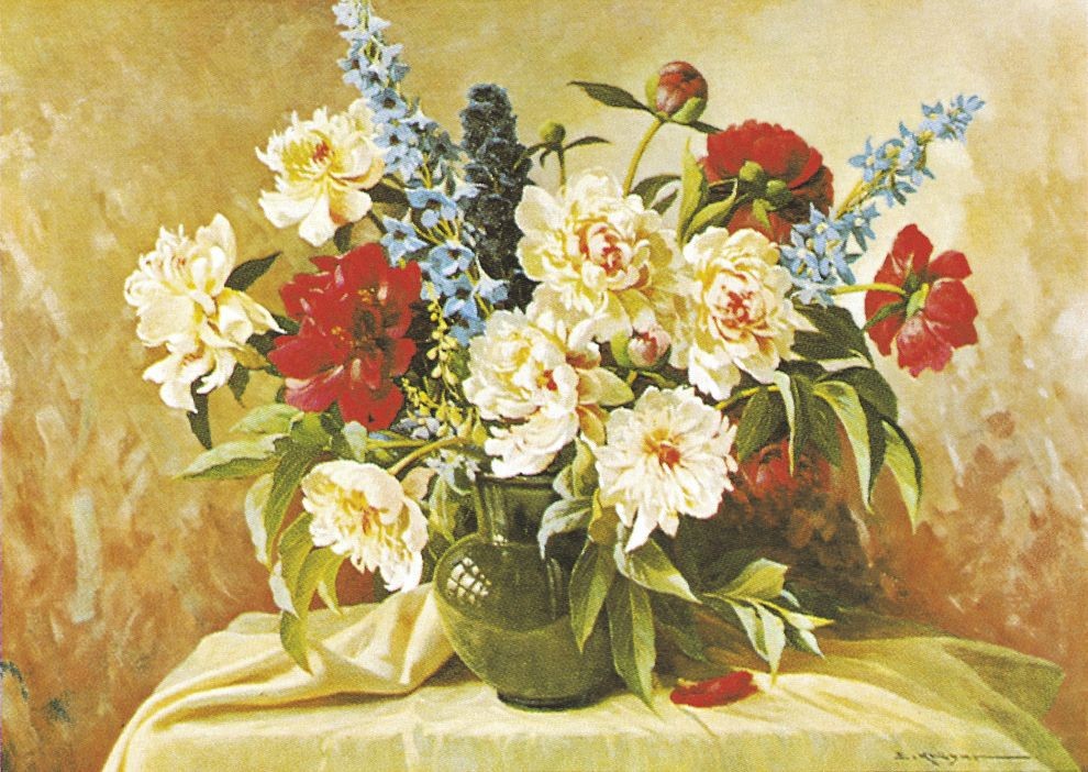 E. Krüger, PEONIES AND LARKSPUR (Pfingstrosen, Rittersporn, Blumenbouquet, Blüten, Blumensvase, üppig, Stillleben, Nostalgie, Malerei, Esszimmer, Wohnzimmer, bunt)