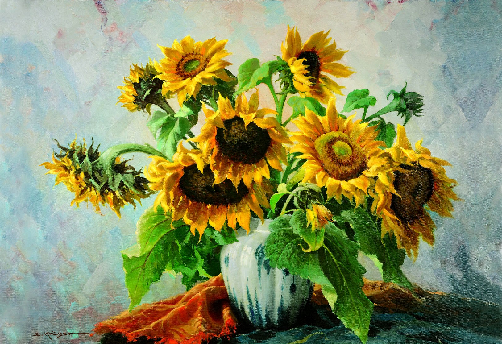 E. Krüger, SUNFLOWERS (Sonnenblumen, Blumenvase, Blumenstrauß Sommer, Stillleben, Nostalgie, Malerei, Esszimmer, Wohnzimmer, bunt)