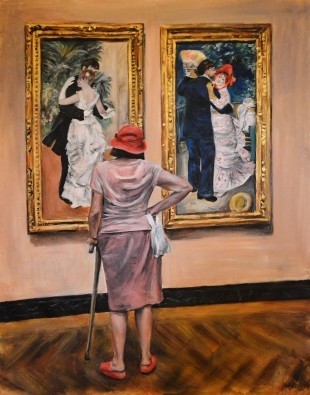 Escha Van den Bogerd, Watching Renoir (August Renoir, Kunstwerk, Tänzer, Bild im Bild,  Betrachter, Dame mit Stock, Kunstbetrachtung, korrespondierend, Figurativ, Malerei, Wohnzimmer, Wunschgröße)