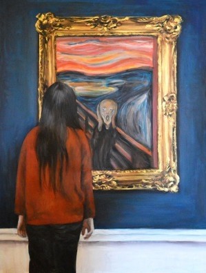 Escha Van den Bogerd, Watching The Scream (Edward Munch, Kunstwerk, Der Schrei, Bild im Bild,  Betrachter,  Mädchen, Kunstbetrachtung, korrespondierend, Figurativ, Malerei, Wohnzimmer, Wunschgröße)