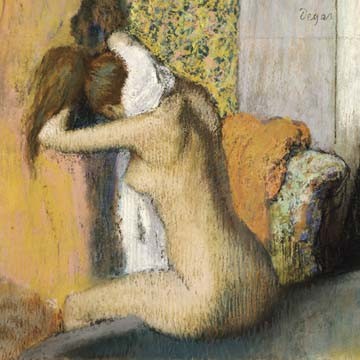 Edgar Degas, After the Bath (Aktmalerei, Rückenakt, nackte Frau, nach dem Bad, Ankleide, Impressionismus, Klassiker, Treppenhaus, Wohnzimmer, Schlafzimmer, bunt)