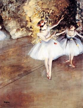 Edgar            Degas           , Zwei Tänzerinnen auf der Bühne (Ballett, Tänzerinnen, Ballerinas, Tutu, Tüll, Impressionismus, Klassiker, Treppenhaus, Wohnzimmer, Schlafzimmer, Wunschgröße, bunt)