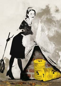 Edition Street Art, Banksy and beyond (Street Art, Modern, Malerei, Mensch, Frau, Hausmädchen, Augen verschließen, Müll, Atommüll, Radioaktiv, Fässer, Entsorgung, Jugendzimmer, schwarz / weiß / gelb)