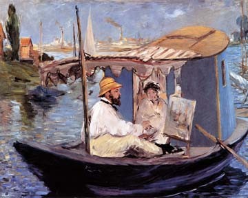 Édouard Manet, Die Barke (Malerei, Impressionismus, Fluss, Flusslandschaft, Boot, Ausflug, Maler, Künstler, Paar, Wohnzimmer, bunt)