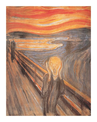 Edvard Munch, The Scream (Schrei, Mensch, Brücke, Entsetzen, Bewegung, Linien, Feuerhimmel, Klassiker, Expressionismus, Wohnzimmer, Treppenhaus, bunt)