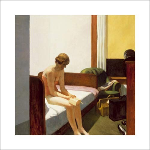 Edward Hopper, Hotel room, 1931 (American Scene, Malerei, Realismus, Gebäude und Architektur, Zimmer, Innenraum, Hotelzimmer, Fenster, Licht, Lichteffekt, Bett, Frau, Koffer, Taschen, Schlafzimmer, bunt)