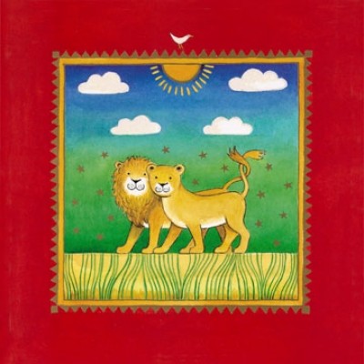 Linda Edwards, Two little lions (Kinderwelten, Tiere,Löwen, Paar, naiv, niedlich, fröhlich, Sommer, Kinderzimmer, bunt)