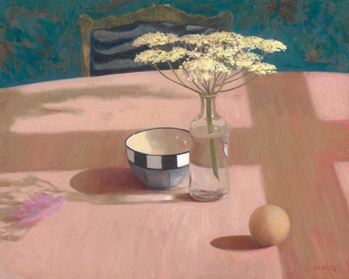 Edwin Aafjes, Aan Tafel (Wunschgröße, Modern, Malerei, Impressionen, Stillleben, Tisch, Tafel, Blumenvase, Schälchen, Fensterkreuz, Schatten, Esszimmer, Küche, Wohnzimmer, bunt)